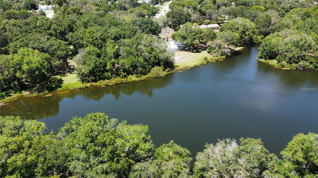 An aerial view shows a lake surrounded by dense green trees and a small building — 12102 PARKWOOD ST, HUDSON, FL