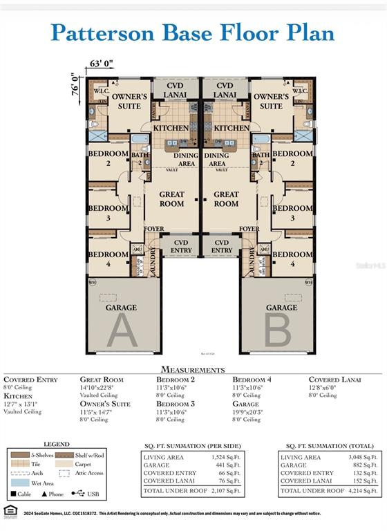 This floor plan shows two mirrored residential units, each featuring four bedrooms, a garage, and lanai — 36 LOUISBURG LANE UNIT A & B, PALM COAST, FL