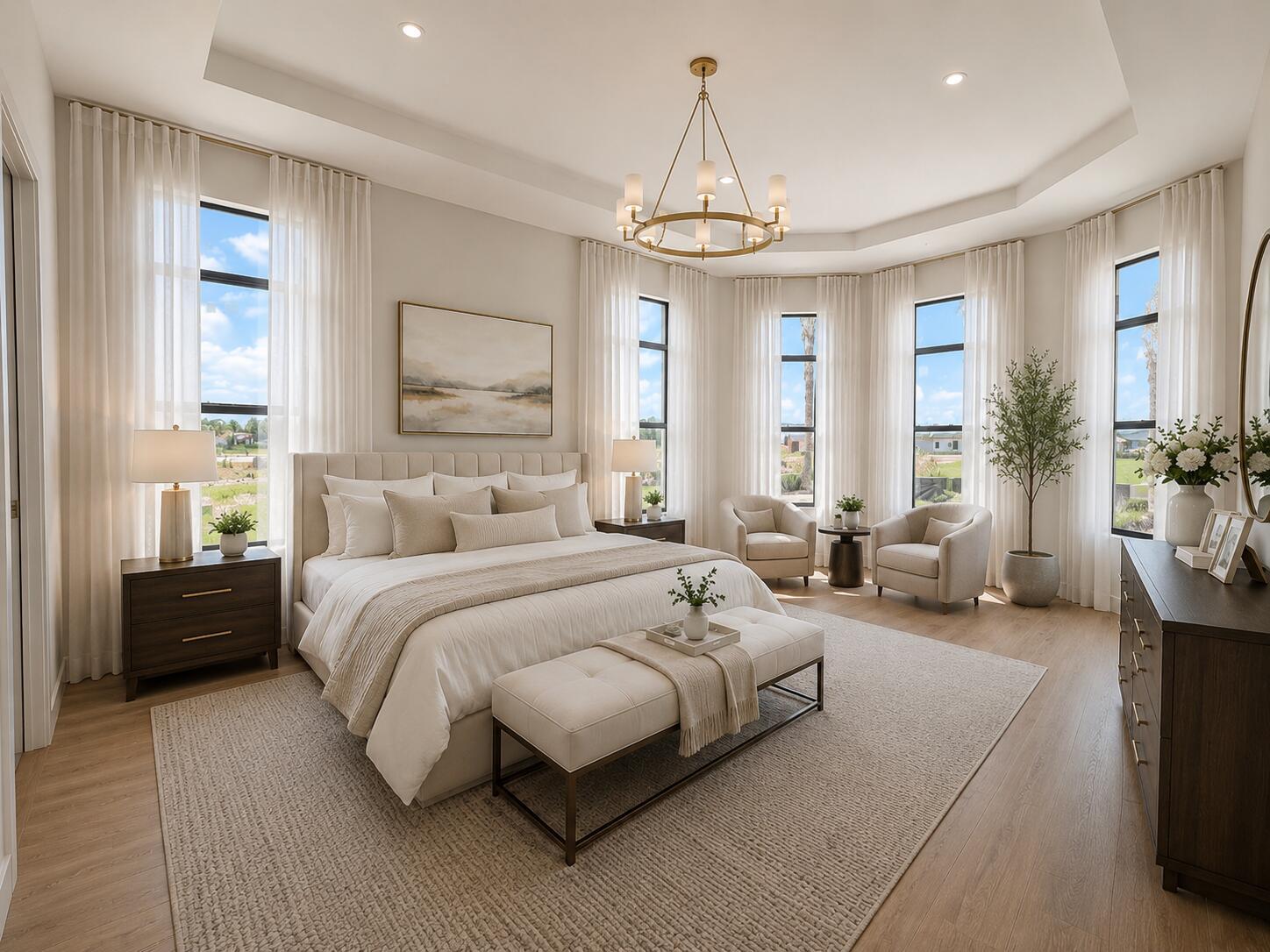 A bright bedroom features a king bed, neutral decor, large windows, and a central chandelier — 10180 Amara Ranch Drive, Lake Worth FL 33449, LAKE WORTH, FL