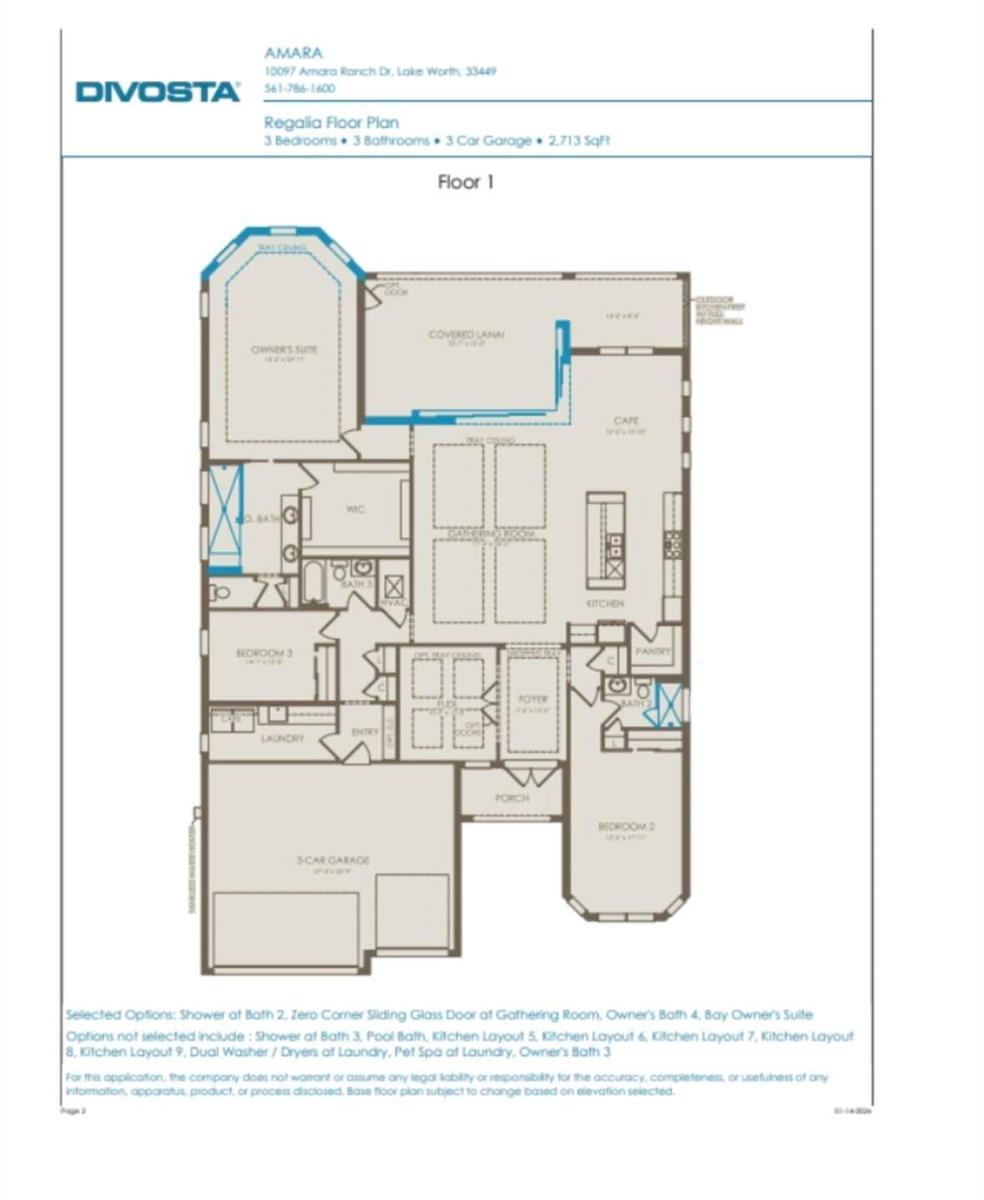 This is a floor plan for a single-story house featuring three bedrooms, three bathrooms, and a garage — 10180 Amara Ranch Drive, Lake Worth FL 33449, LAKE WORTH, FL