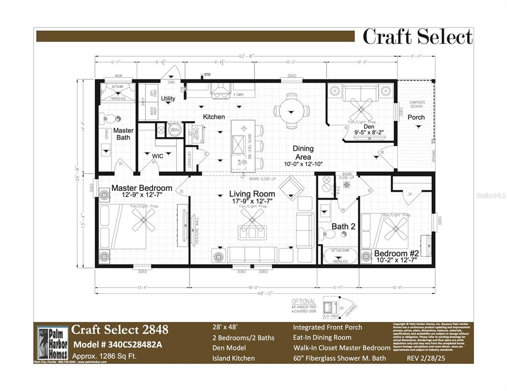This floor plan shows a two-bedroom, two-bath home with an island kitchen and front porch — 8400 BREEZE HILL DRIVE, LAKE WALES, FL