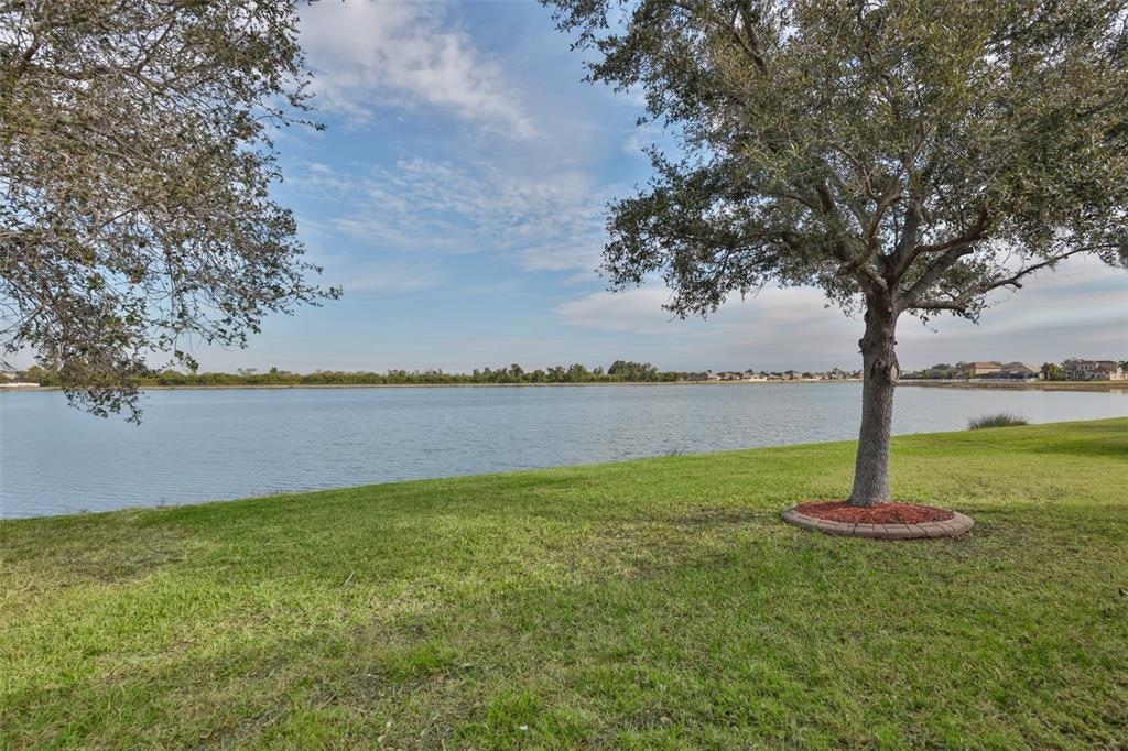 A grassy lawn leads to a lake with trees on both sides under a blue sky — 823 SEMINOLE SKY DRIVE, RUSKIN, FL