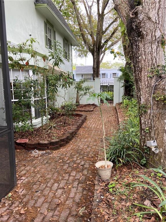 A brick walkway leads along the side of a light-colored house toward a gated entrance — 14405 BURGUNDY SQUARE, TAMPA, FL
