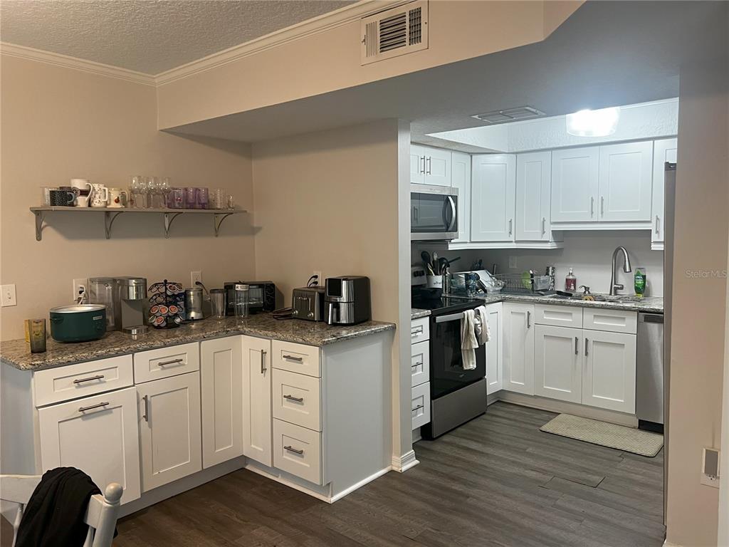 A kitchen features white cabinets, granite countertops, stainless steel appliances, and wood-look flooring — 14405 BURGUNDY SQUARE, TAMPA, FL