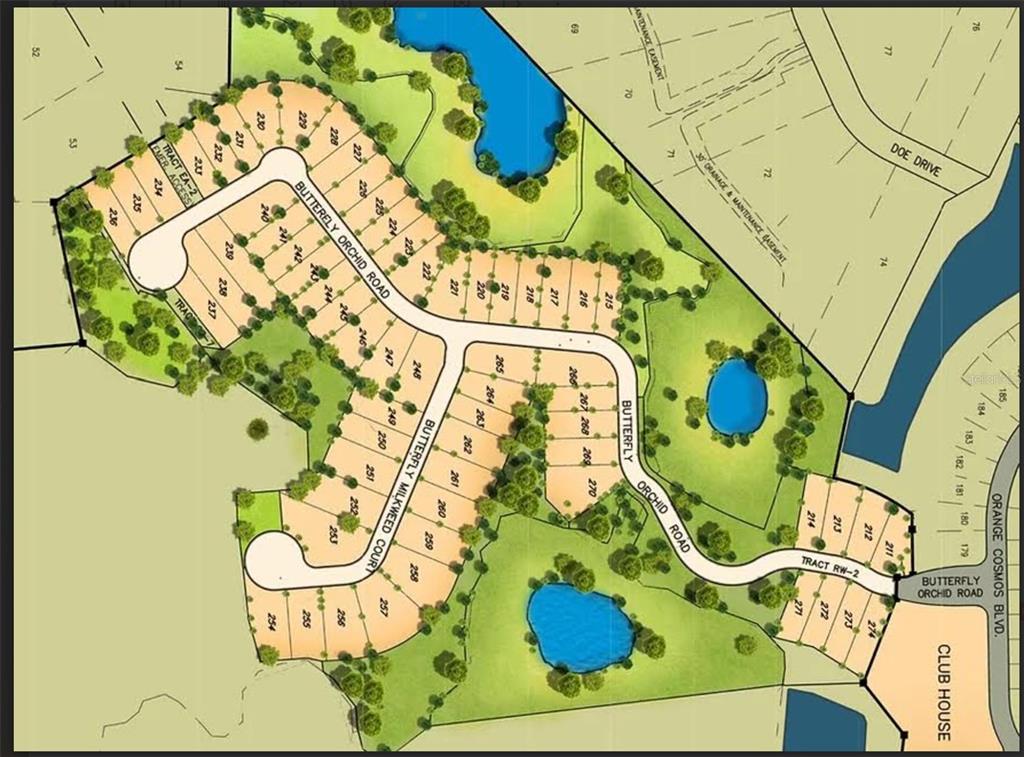 This is a site plan map showing residential lots, roads, and green spaces in a community — 1237 BUTTERFLY ORCHID ROAD, DAVENPORT, FL