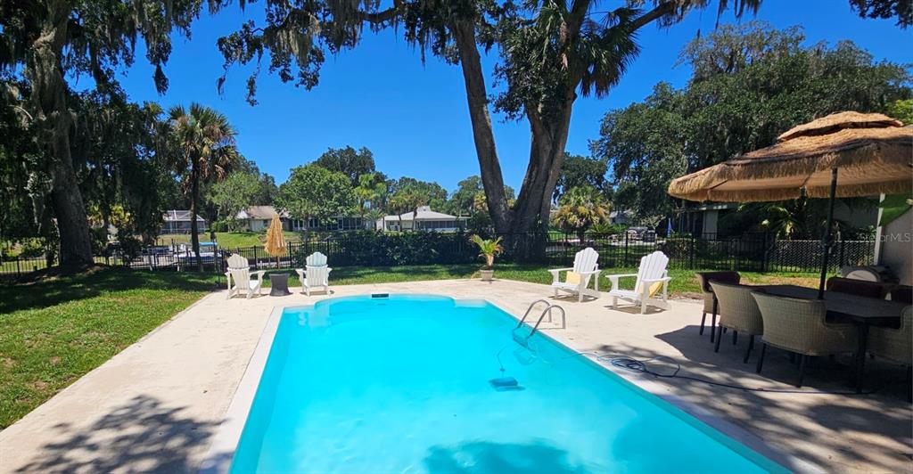 A rectangular swimming pool sits on a concrete patio with outdoor furniture and trees — 10 FANWOOD COURT, PALM COAST, FL