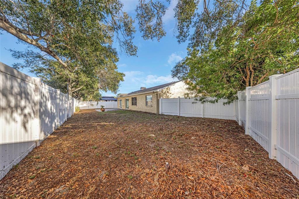 A fenced backyard features a large dirt area covered in fallen leaves and mature trees — 224 WHISPER LAKE ROAD, PALM HARBOR, FL