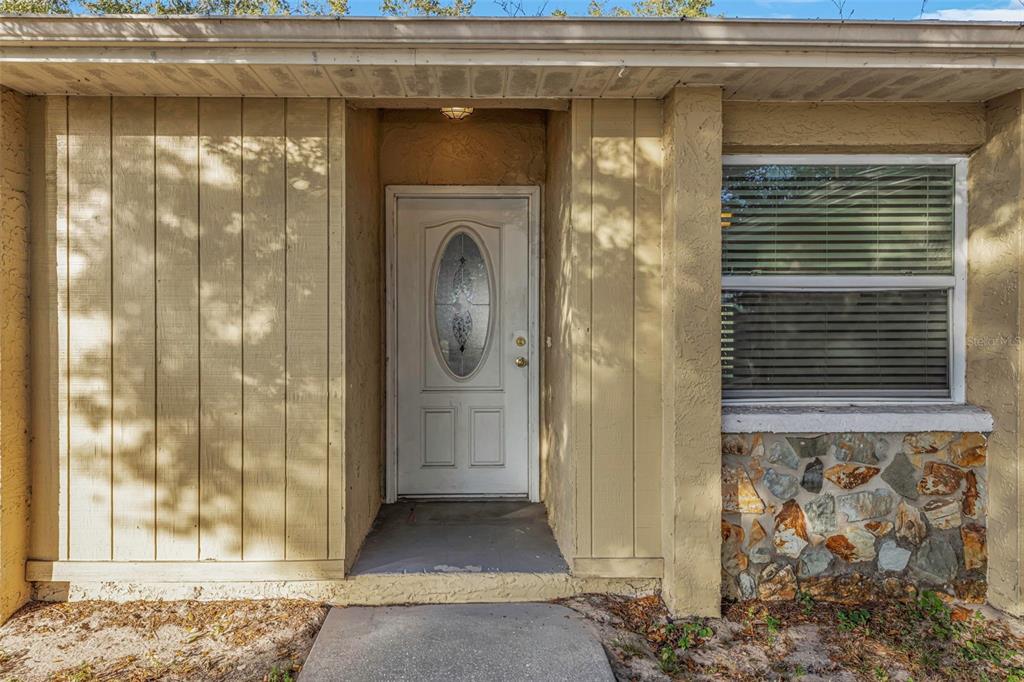 The exterior of a house features a tan door, vertical siding, and a stone-accented window — 224 WHISPER LAKE ROAD, PALM HARBOR, FL