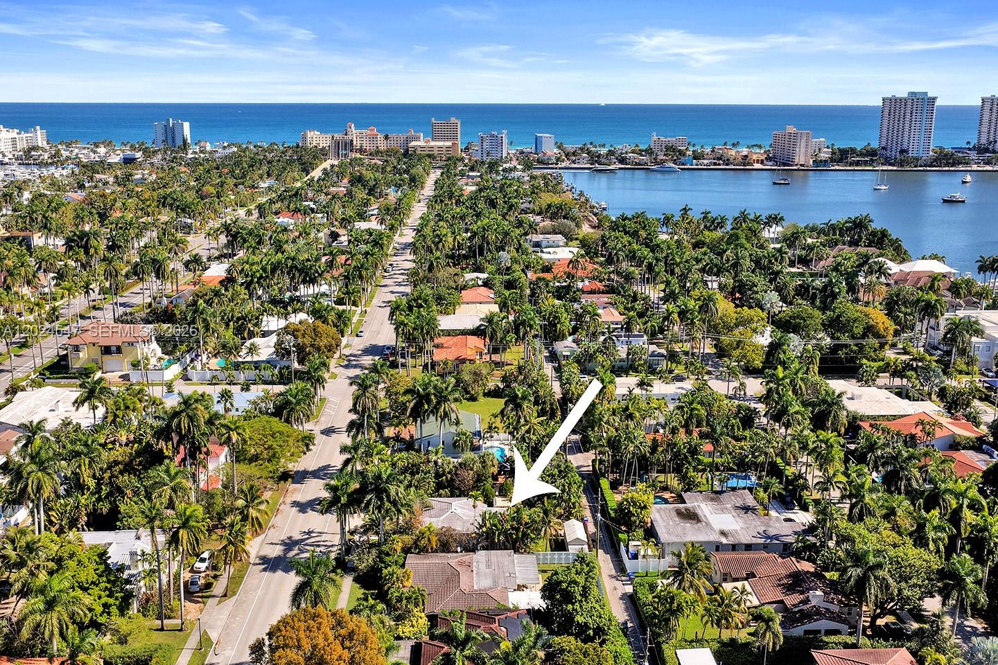 An aerial view shows a residential neighborhood with palm trees, houses, and a nearby waterway — 1016 Harrison St, Hollywood FL 33019, HOLLYWOOD, FL