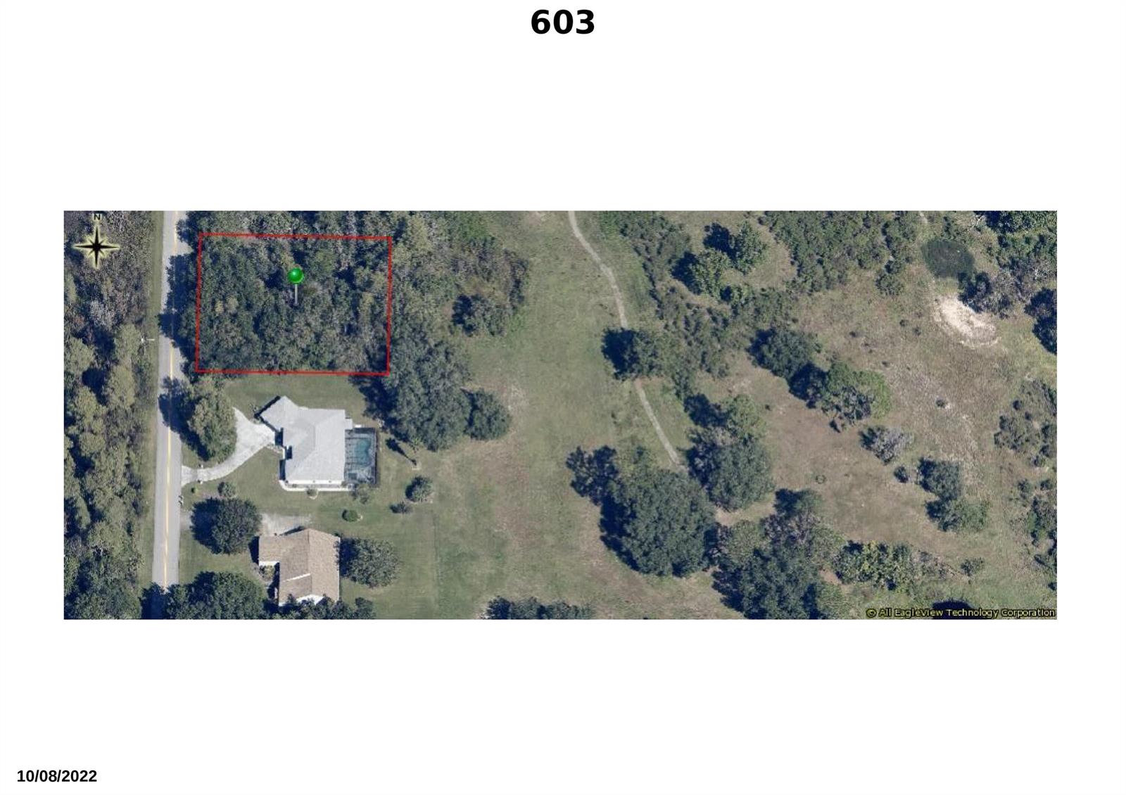 This aerial map shows a wooded lot outlined in red next to residential houses — 603 N Golf Course Drive, FL 34429, FL