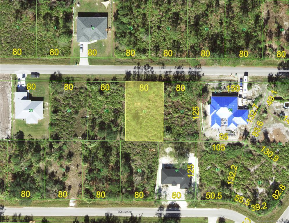 This is a map showing a vacant residential lot highlighted in yellow among surrounding properties — 22143 SCARSDALE AVENUE, PORT CHARLOTTE, FL