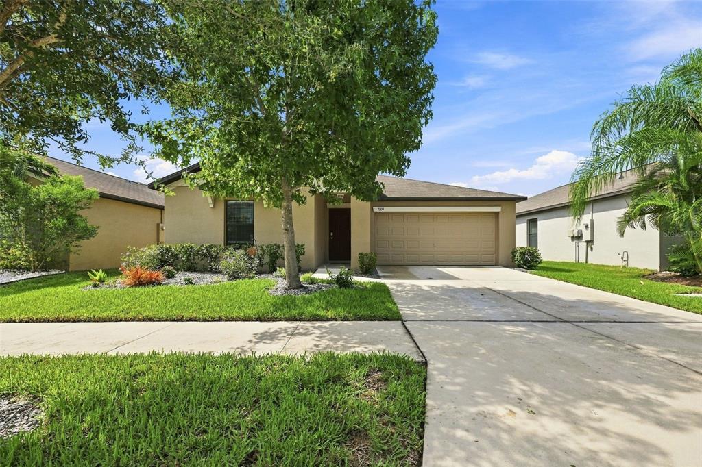 A single-story suburban house with a tan stucco exterior, a two-car garage, and a driveway — 7109 SALT RIVER AVENUE, SUN CITY CENTER, FL