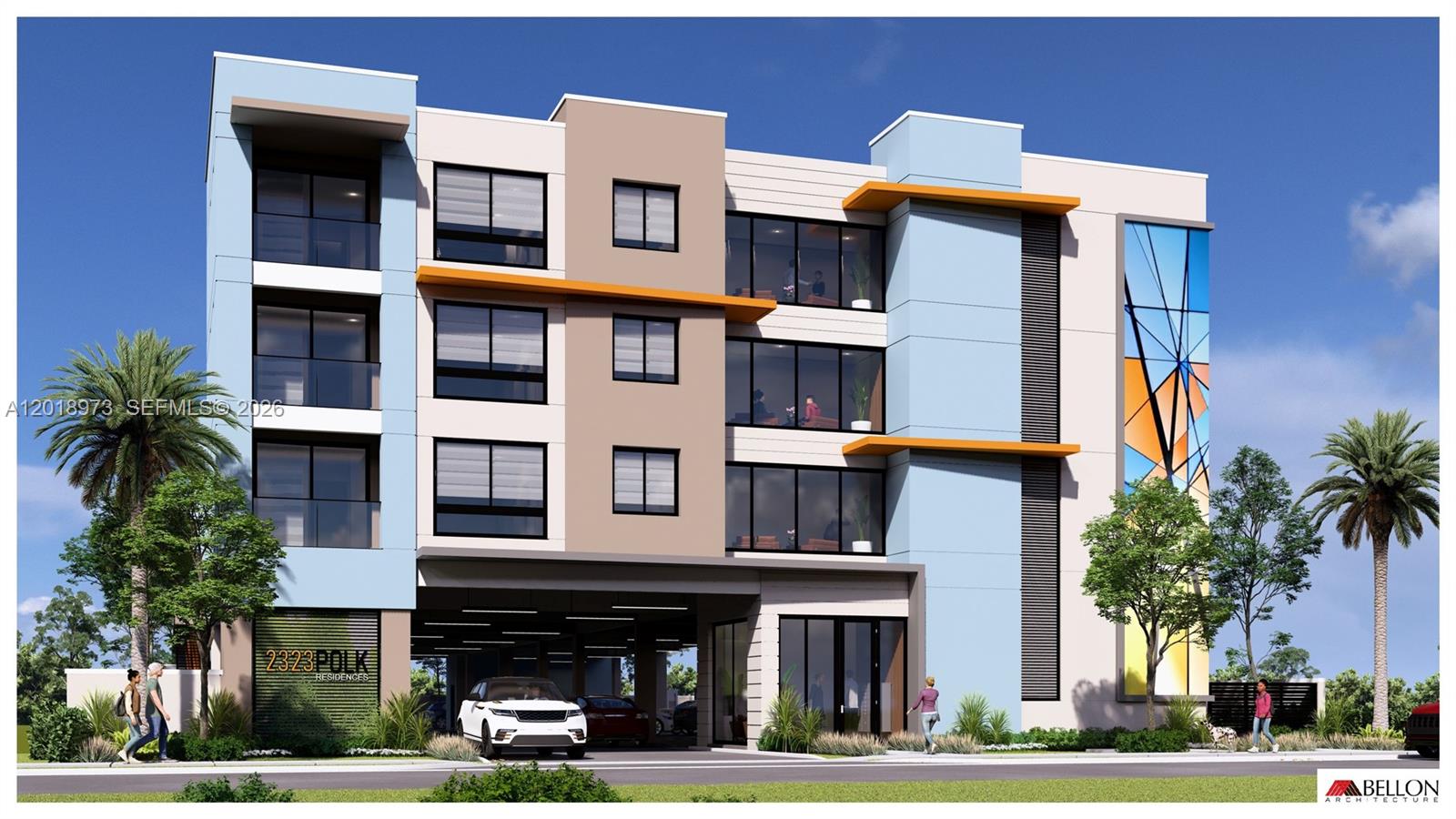 This is a digital architectural rendering of a modern four-story residential building with colorful accents — 2323 Polk St, Hollywood FL 33020, HOLLYWOOD, FL