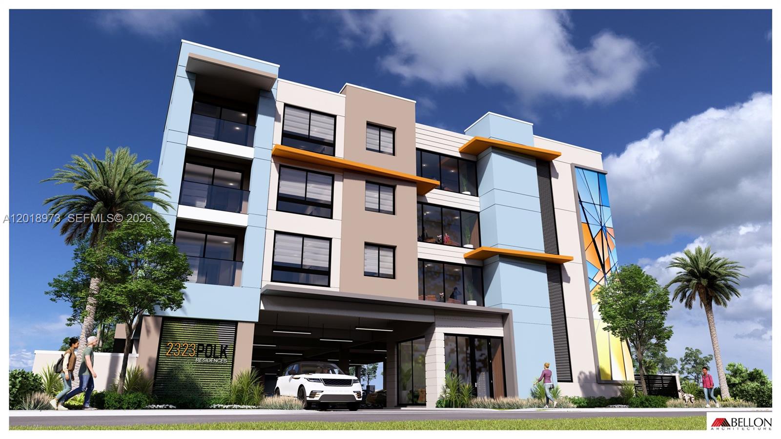 A digital rendering shows the exterior of a modern four-story residential building with parking underneath — 2323 Polk St, Hollywood FL 33020, HOLLYWOOD, FL