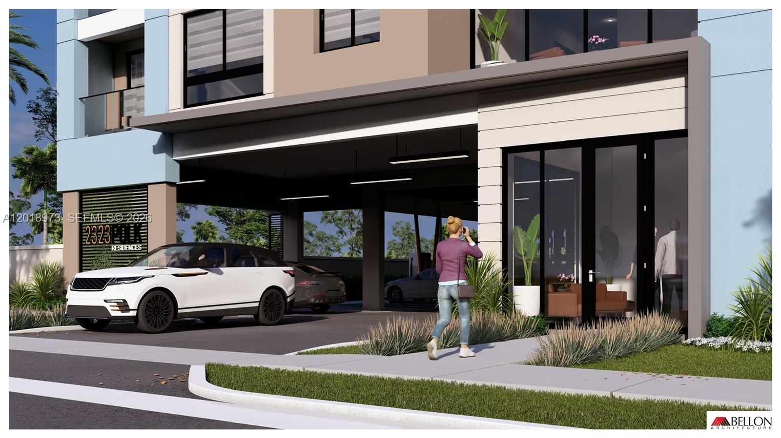 This architectural rendering shows a modern building exterior with a covered parking area and entrance — 2323 Polk St, Hollywood FL 33020, HOLLYWOOD, FL