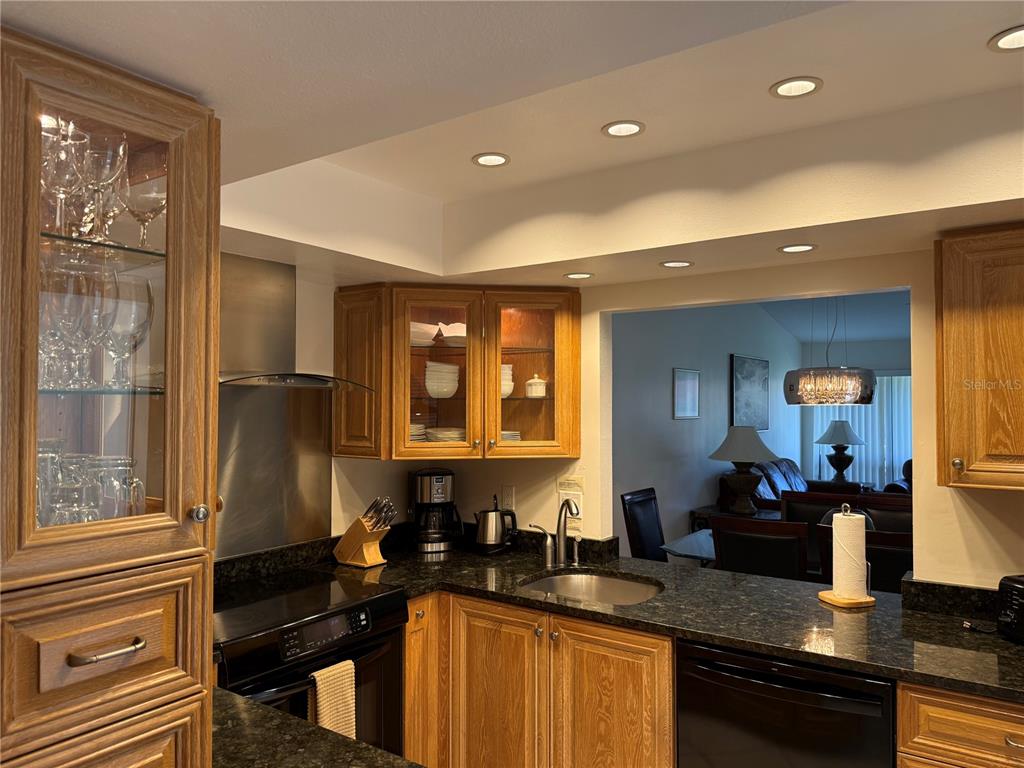 A kitchen features wood cabinets, dark granite countertops, stainless steel appliances, and recessed lighting — 3637 YELLOW PINE COURT UNIT 146, SARASOTA, FL