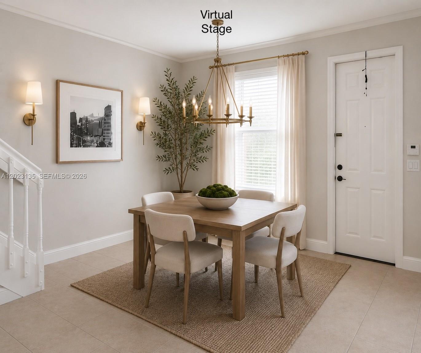 This dining room features a wooden table, four chairs, a chandelier, and a virtual stage — 11837 SW 27th St, Miramar FL 33025, MIRAMAR, FL