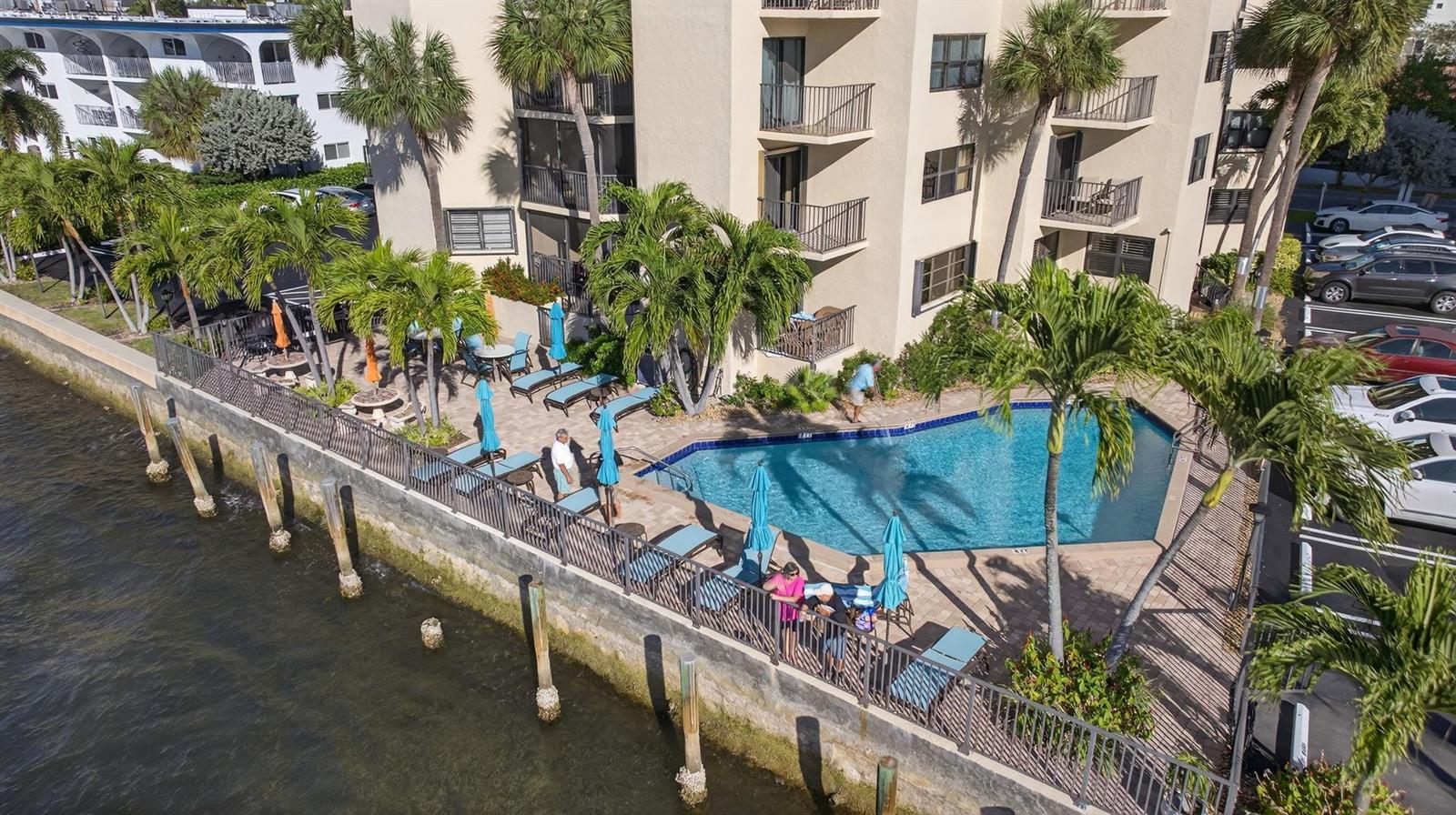 An aerial view of a waterfront swimming pool area with lounge chairs and palm trees — 501 N Riverside Drive # 301, Pompano Beach FL 33062, POMPANO BEACH, FL