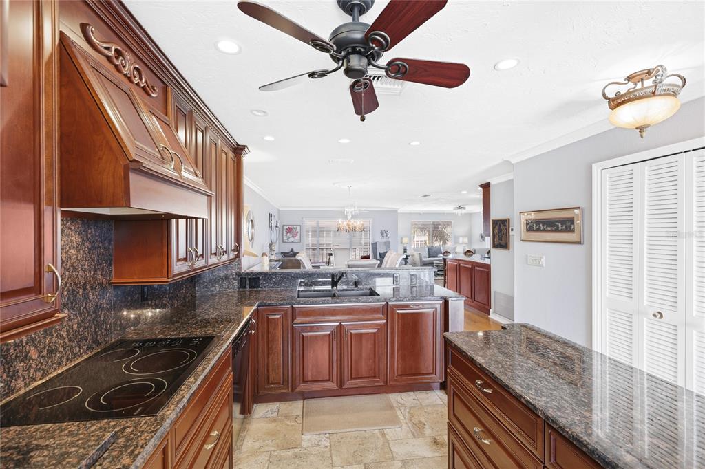 A kitchen with dark wood cabinets, granite countertops, and a ceiling fan overlooks a living area — 1600 1ST AVENUE W UNIT 506, BRADENTON, FL