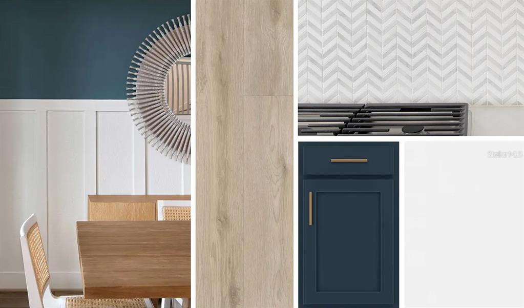 This collage displays interior design samples including navy cabinets, wood flooring, and a chevron backsplash — 7540 DEER VALLEY CIRCLE, TAMPA, FL
