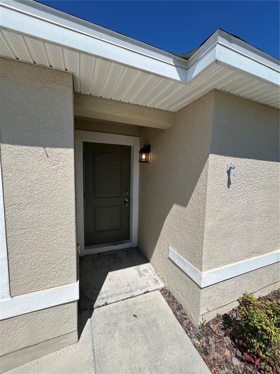 A beige stucco house exterior features a recessed entryway with a dark door and light — 4167 SAND RIDGE BOULEVARD, SPRING HILL, FL