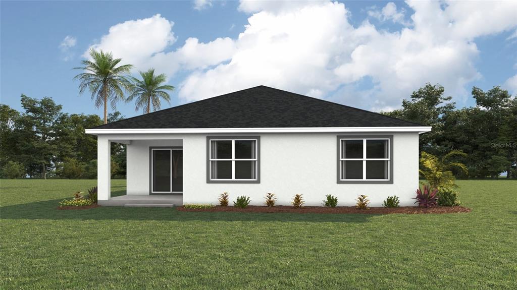 This is a digital rendering of the rear exterior of a single-story white stucco house — 1011 18TH STREET S, ST PETERSBURG, FL