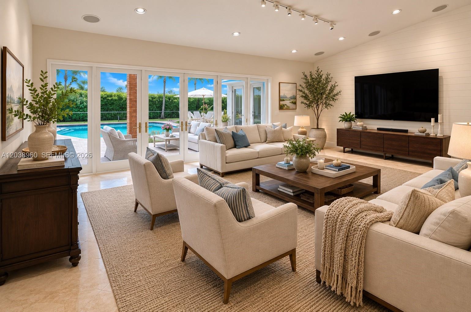 A bright living room features neutral furniture, a large television, and glass doors overlooking a pool — 13025 SW 108th Ave, Miami FL 33176, MIAMI, FL