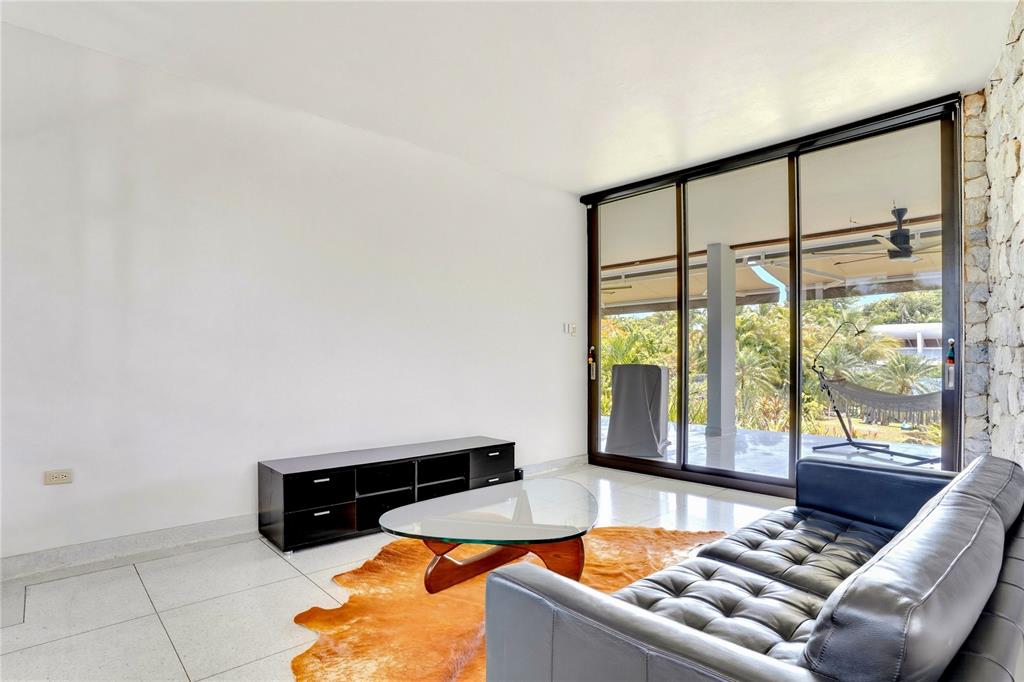 A modern living room features a black sofa, glass coffee table, and large sliding glass doors — 176 CALLE MIMOSA, SAN JUAN, PR