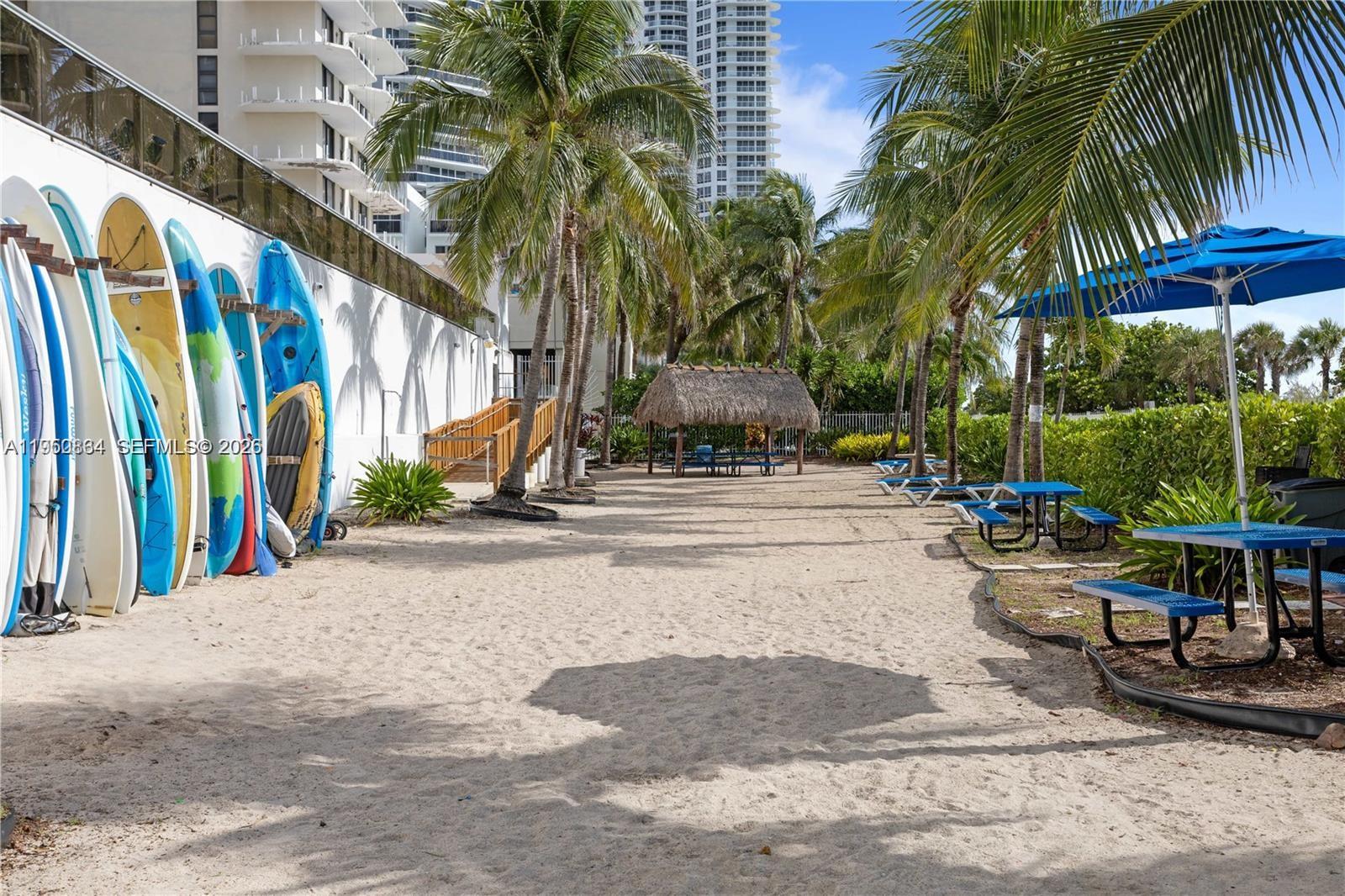 A sandy outdoor area features paddleboards, picnic tables, a thatched-roof hut, and palm trees — 6039 Collins Ave # 809, Miami Beach FL 33140, MIAMI BEACH, FL