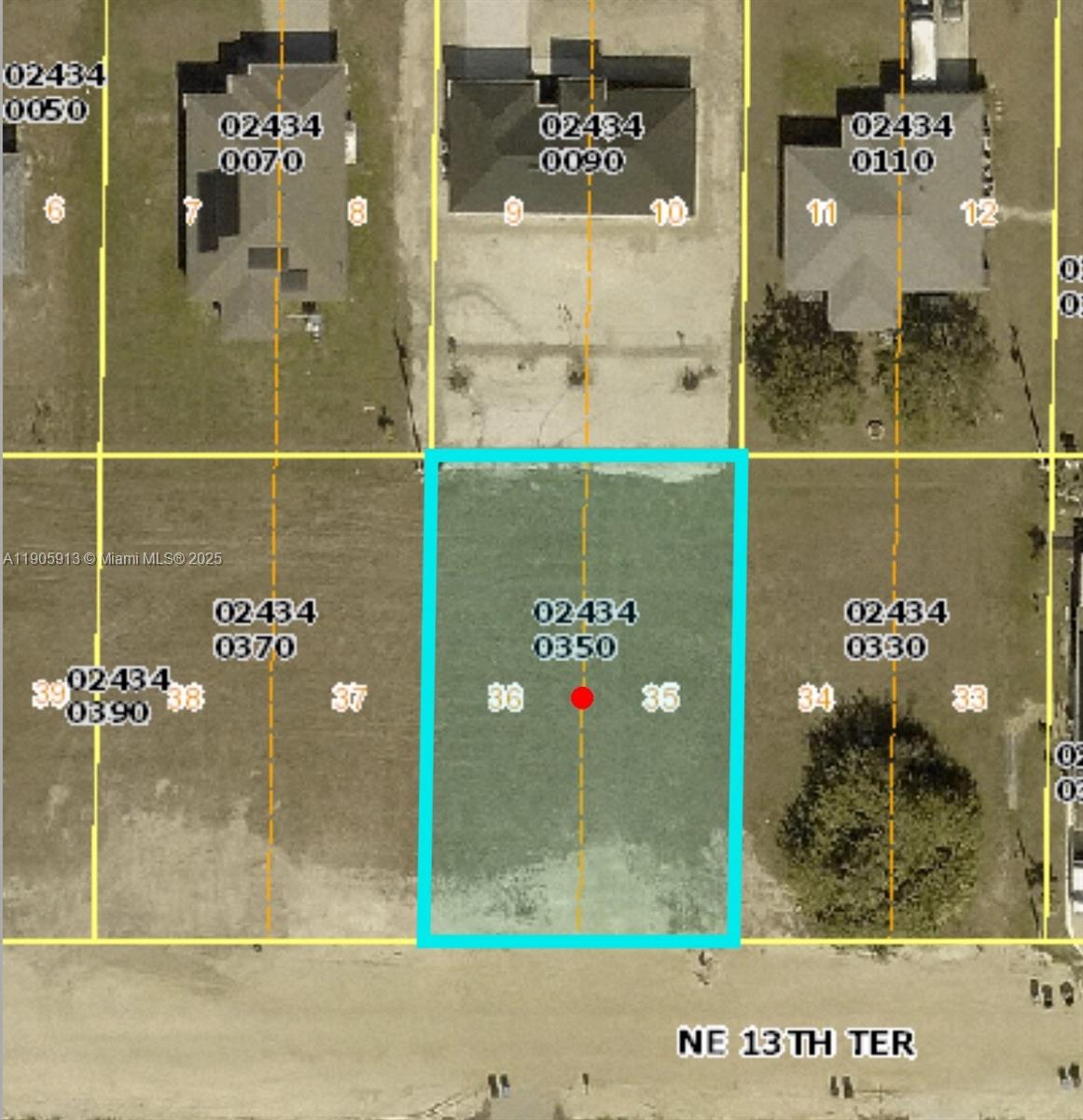 This is a map showing a vacant residential lot highlighted in blue — 317 NE 13th Ter., Cape Coral FL 33909, CAPE CORAL, FL