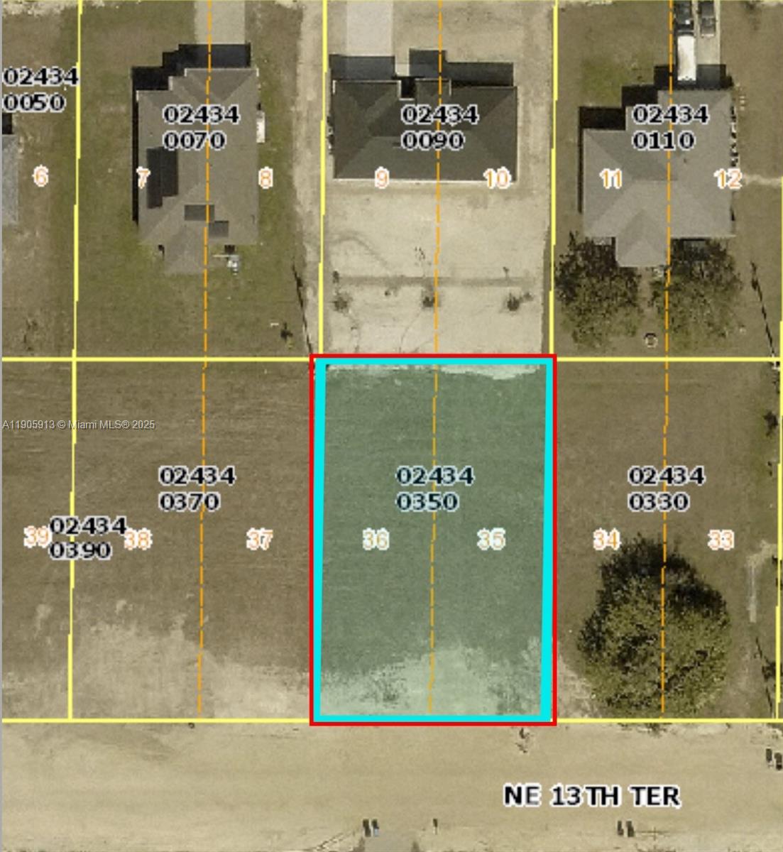 This is a map showing a vacant rectangular lot highlighted in blue on a street — 317 NE 13th Ter., Cape Coral FL 33909, CAPE CORAL, FL