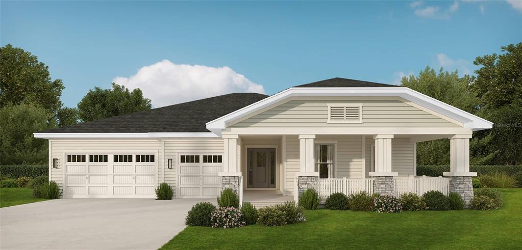 A digital rendering of a single-story house with a three-car garage and a front porch — 4766 MAJESTIC HILLS LOOP, BROOKSVILLE, FL