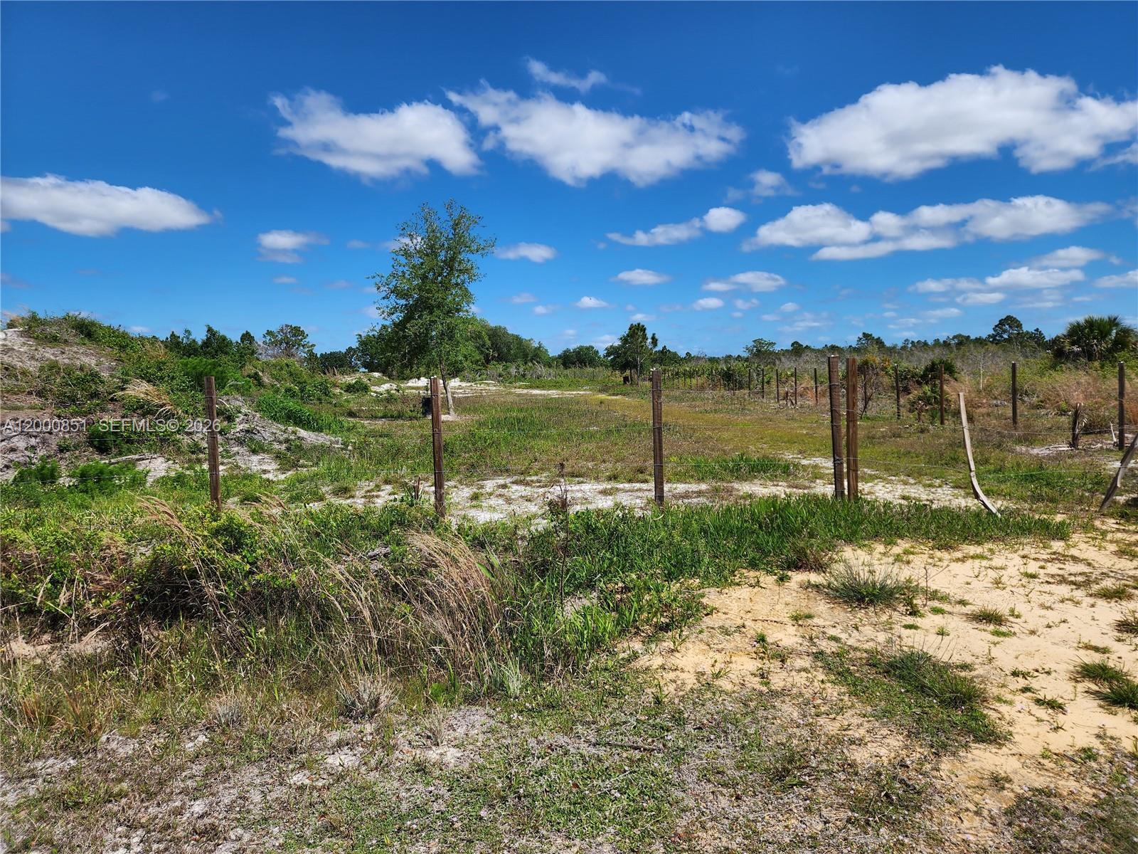 A wire fence encloses a grassy, sandy lot under a bright blue sky — 16785 NW 292nd ST, Okeechobee FL 34972, OKEECHOBEE, FL