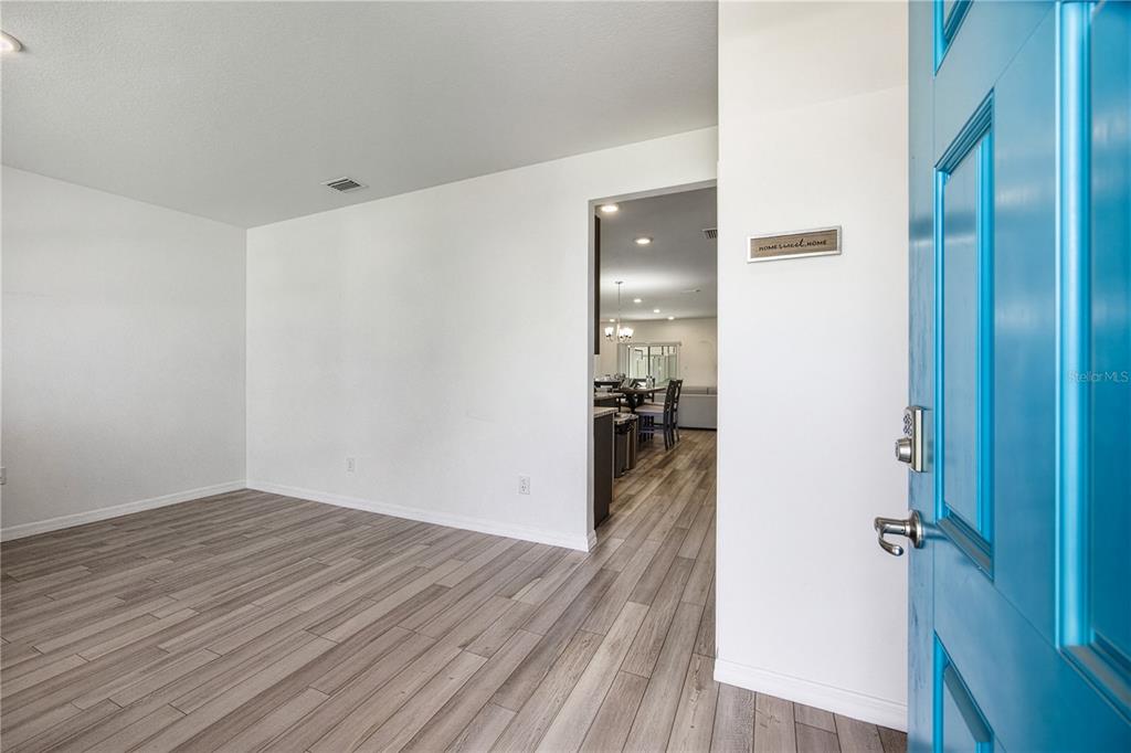A view from an open blue front door into a room with wood-look flooring — 670 NW 243RD TERRACE, NEWBERRY, FL