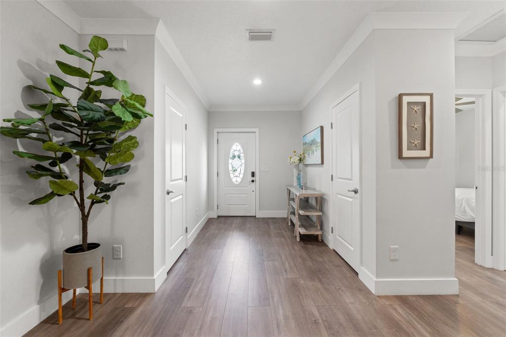 A bright entryway features light gray walls, wood-look flooring, a potted plant, and a front door — 3040 BELCHER ROAD, DUNEDIN, FL