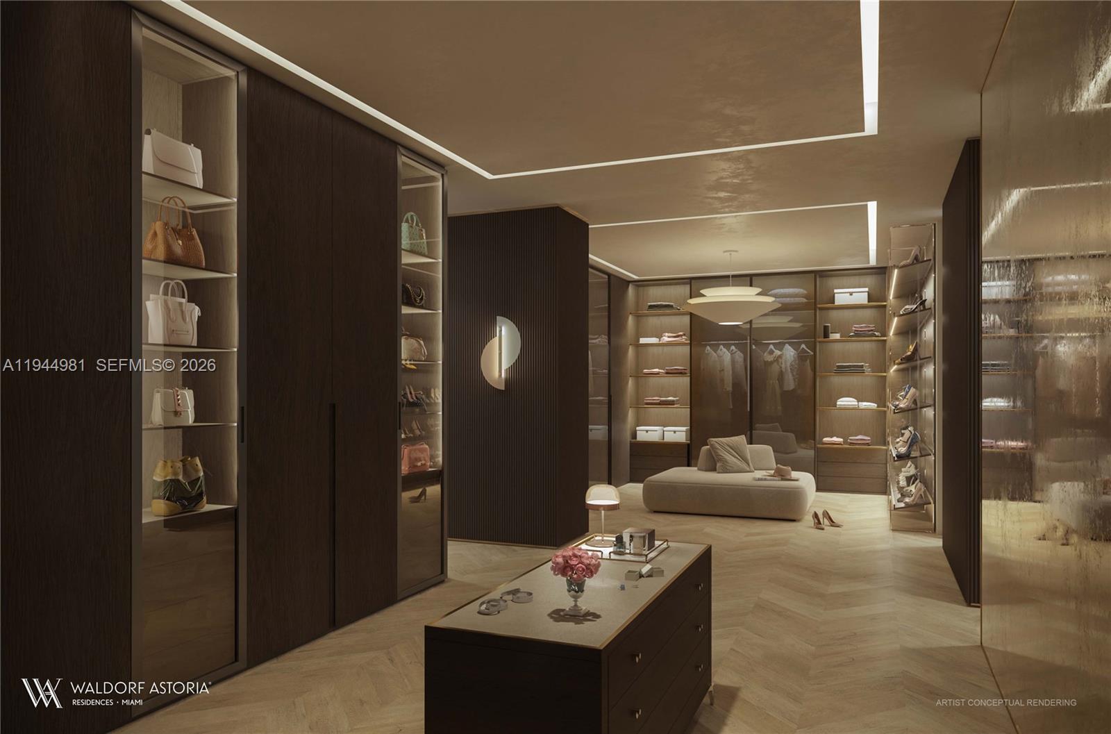 This artist conceptual rendering shows a luxury walk-in closet with dark wood cabinetry and herringbone flooring — 300 N Biscayne Blvd # 6, Miami FL 33132, MIAMI, FL
