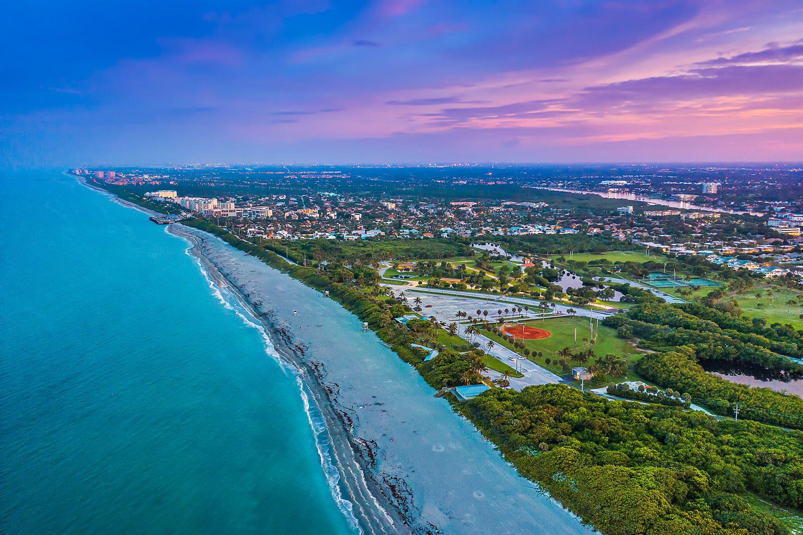 Aerial view of a coastal park with a beach, baseball field, and surrounding residential area — 275 Palm Avenue # A201, Jupiter FL 33477, JUPITER, FL
