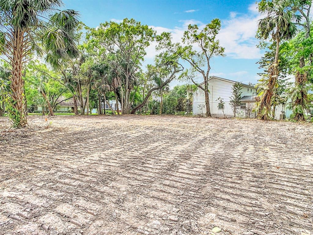 A cleared, dirt-covered residential lot features tire tracks and surrounding trees near a white house — 4701 W CLEAR AVENUE, TAMPA, FL