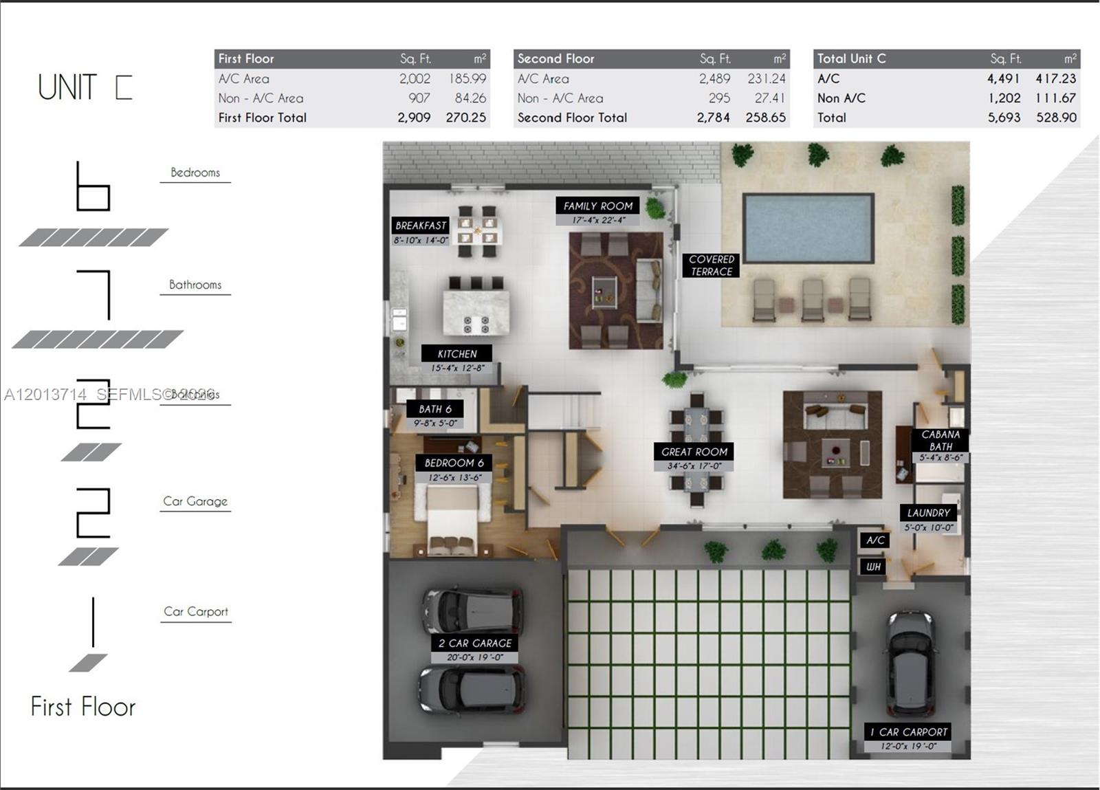 This floor plan shows the first level of a residential unit with a garage and pool — 10289 NW 75th Ter # 10289, Doral FL 33178, DORAL, FL