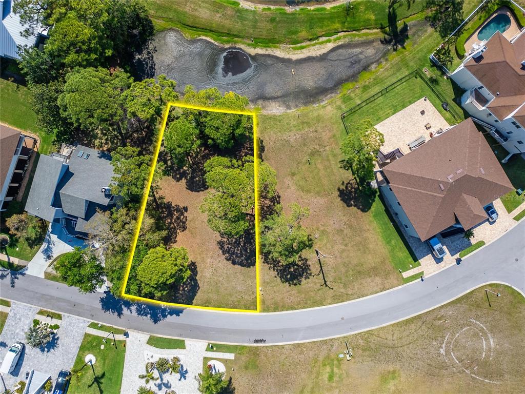 An aerial view shows a vacant, tree-covered residential lot outlined in yellow next to houses — N POINTE ALEXIS DRIVE, TARPON SPRINGS, FL
