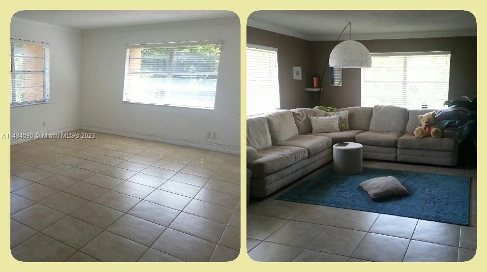 This split-view image shows an empty living room and the same space furnished with a sectional — 1300 Moffett St # 302, Hallandale Beach FL 33009, HALLANDALE BEACH, FL