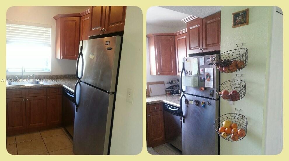 A kitchen features wood cabinets, stainless steel appliances, and a wall-mounted wire basket storage system — 1300 Moffett St # 302, Hallandale Beach FL 33009, HALLANDALE BEACH, FL