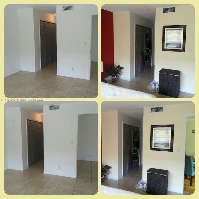 This collage shows interior views of a room with tile floors and dark closet doors — 1300 Moffett St # 302, Hallandale Beach FL 33009, HALLANDALE BEACH, FL