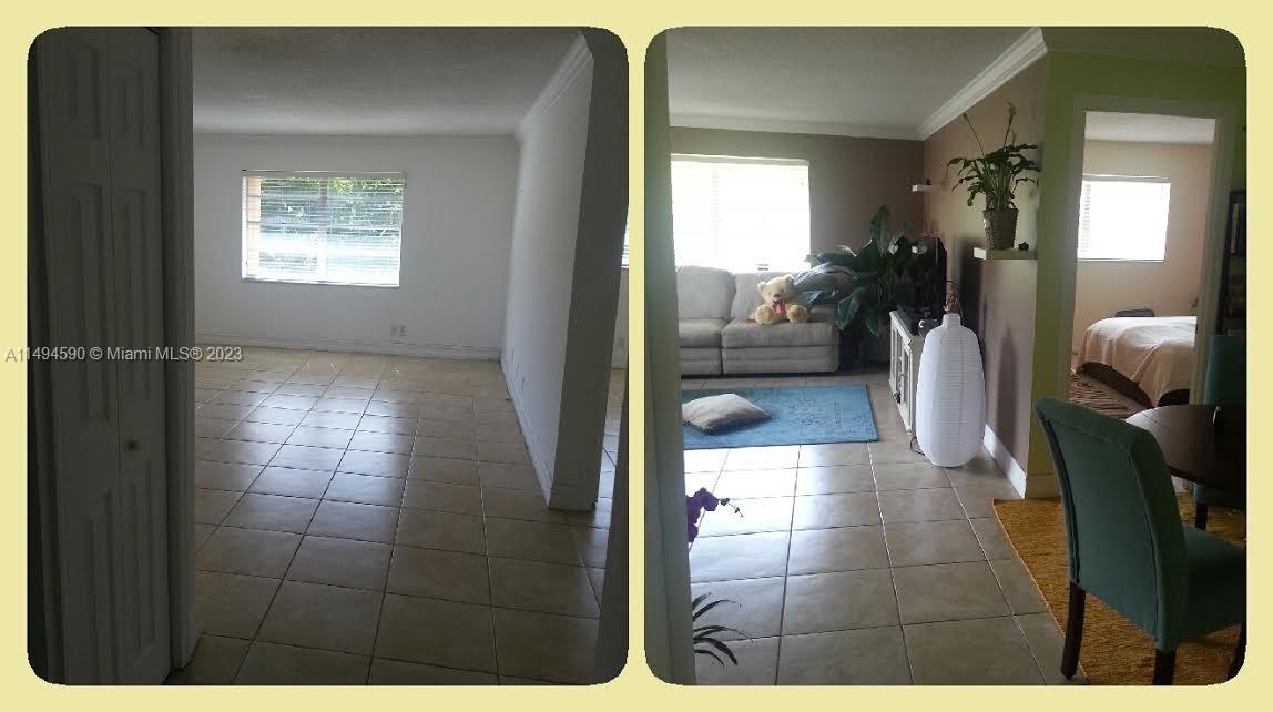 This split-view image shows an empty room with tiled floors and a furnished living area — 1300 Moffett St # 302, Hallandale Beach FL 33009, HALLANDALE BEACH, FL