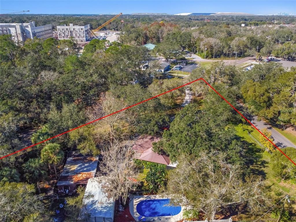 An aerial view shows a wooded residential lot with a house, pool, and outbuildings — 10901 MCMULLEN LOOP, RIVERVIEW, FL
