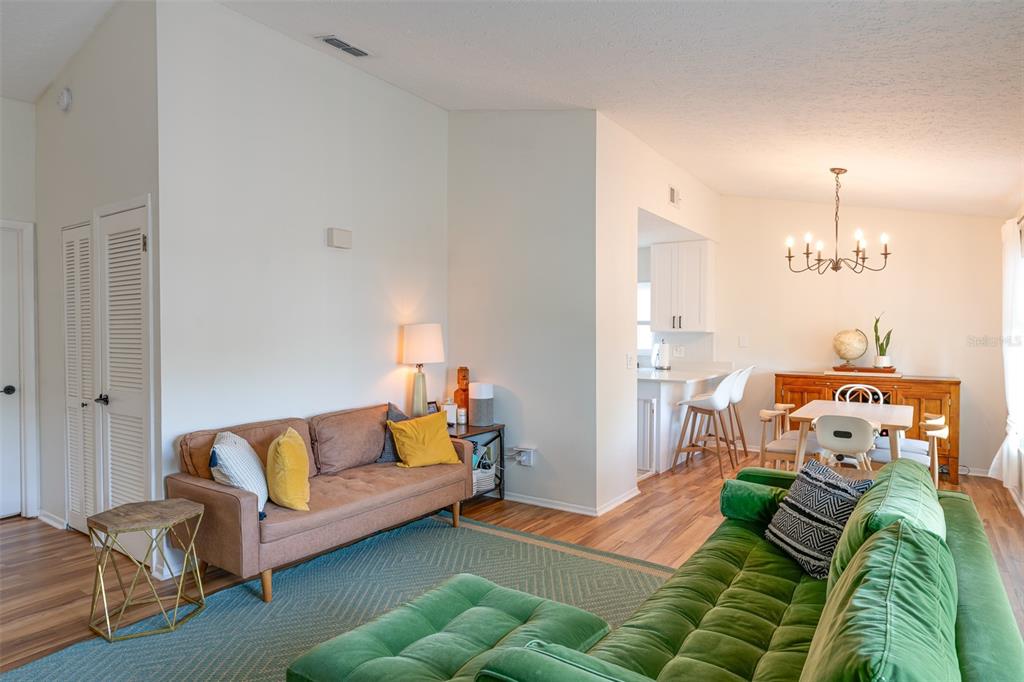 A living room with a green velvet sofa, a brown sofa, and an adjacent dining area — 6805 S GABRIELLE STREET, TAMPA, FL