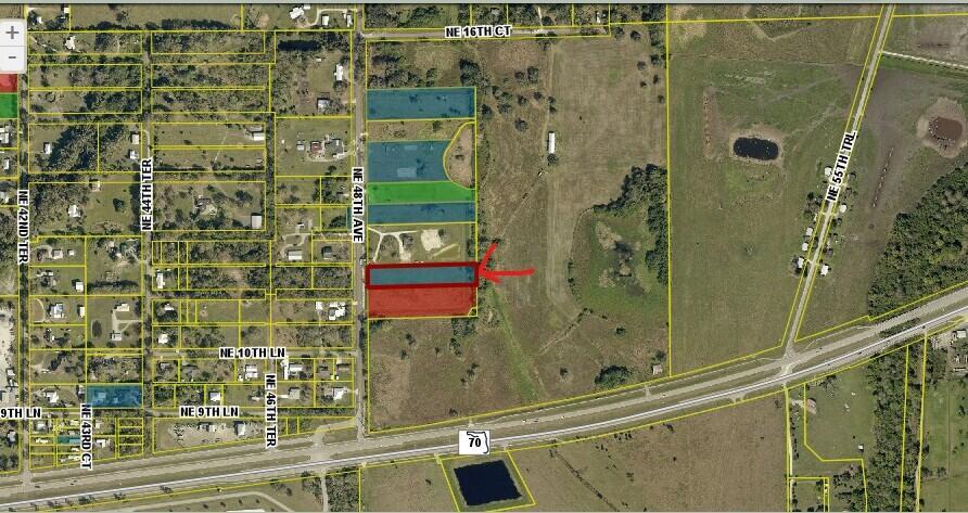 This is an aerial map showing a highlighted rectangular parcel of land near a highway — 1132 NE 48th Avenue, Okeechobee FL 34972, OKEECHOBEE, FL