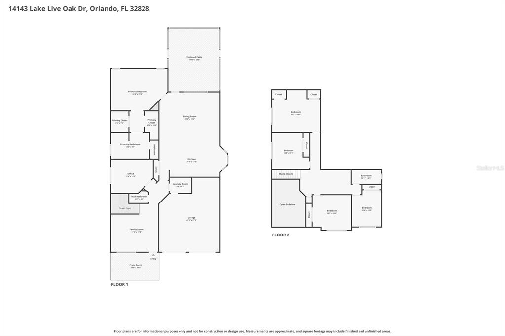 This is a two-story floor plan showing the layout of a residential home — 14143 LAKE LIVE OAK DRIVE, ORLANDO, FL