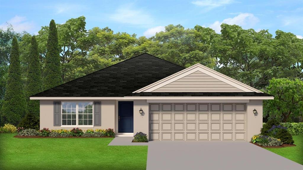 This is a digital rendering of a single-story suburban house with a two-car garage — 39 RIVERINA DRIVE, PALM COAST, FL