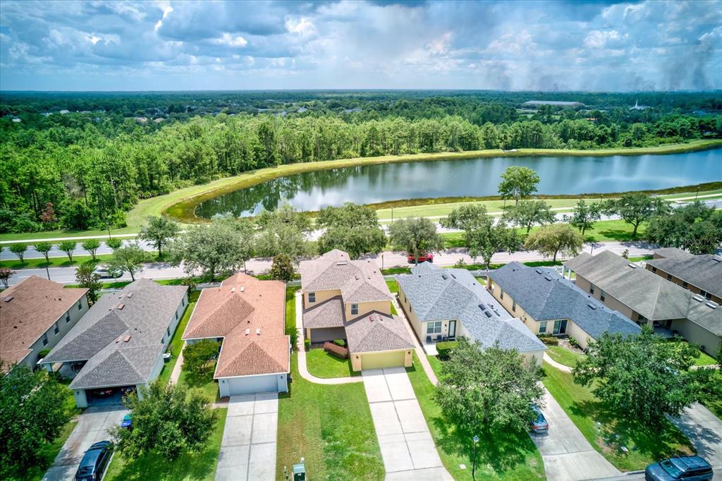 An aerial view shows a row of suburban houses facing a lake and wooded area — 2463 LACERTA DRIVE, ORLANDO, FL